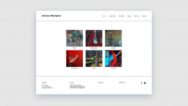 Screenshot der Website von Simone Westphal mit einer Galerieansicht von sechs Gemälden, darunter abstrakte und figurative Motive. Die Navigation führt zu weiteren Bereichen wie Malerei, Papiermalerei, Filzarbeiten und Projekten. 