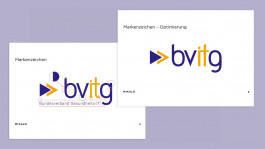 Zwei Folien mit Vorher-Nachher-Vergleich der Logo-Optimierung für den Bundesverband Gesundheits-IT (bvitg). Links die ursprüngliche Version mit typografischen Markierungen zur Analyse, rechts das optimierte Logo mit klarerer Schrift und harmonischerem Design.