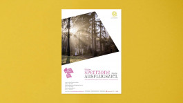 Poster zur Ausstellung »Früher Sperrzone, heute Ausflugsziel« auf gelbem Hintergrund. Das Design kombiniert ein stimmungsvolles Waldbild mit Sonnenstrahlen und aufgehängter Wäsche mit einer weißen Fläche, auf der Titel, Veranstaltungsorte und Partner der Ausstellung abgebildet sind.