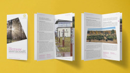 Drei geöffnete Exemplare der Broschüre zur Ausstellung »Früher Sperrzone, heute Ausflugsziel« stehen aufrecht auf einer gelben Oberfläche. Das Titelblatt zeigt eine Waldszene mit Sonnenstrahlen, während die Innenseiten Bilder und Texte zu historischen Orten in der Fläming-Region enthalten.