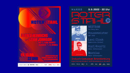 Zwei Plakate für die Technoparty „Roter Stahl“ im Industriemuseum Brandenburg mit industrieller Ästhetik in Rot- und Blautönen.