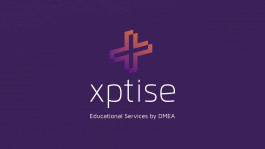 Logo von xptise mit einem stilisierten Plus-Symbol in Violett und Orange auf dunklem Hintergrund. Darunter der Schriftzug „xptise“ mit dem Zusatz „Educational Services by DMEA“.