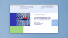 Screenshot der WE;D GmbH-Website mit Unternehmensprinzipien und LEGO-Stein als visuelles Element – Branding für WE;D GmbH.