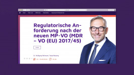 Screenshot einer Webinarankündigung auf der xptise-Website. Der Titel der Veranstaltung lautet „Regulatorische Anforderung nach der neuen MP-VO (MDR – VO (EU) 2017/45)“. Rechts im Bild ist ein Porträt des Referenten Dr. Wolfgang Rehmann zu sehen. Darunter sind das Veranstaltungsdatum (22.–24.09.2020) und die Uhrzeit (10 Uhr) angegeben.