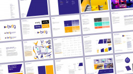 Mock-up Styleguide für den Bundesverband Gesundheits-IT (bvitg), mit verschiedenen Seiten zu Logo-Varianten, Farbpaletten, Typografie, Gestaltungselementen, Icons, Layoutprinzipien und Anwendungsbeispielen.