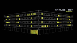 Skizzierte Gebäudeansicht des Rechenzentrums Potsdam mit gelb leuchtenden Fenstern – Visualisierung des Projekts ART LAB 2023.