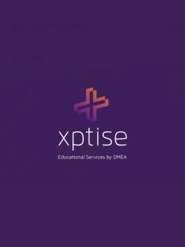 Logo mit stilisiertem Pluszeichen, dem Schriftzug „xptise“ und dem Zusatz „Educational Services by DMEA“ – Branding-Projekt von Studio MIKALO. 